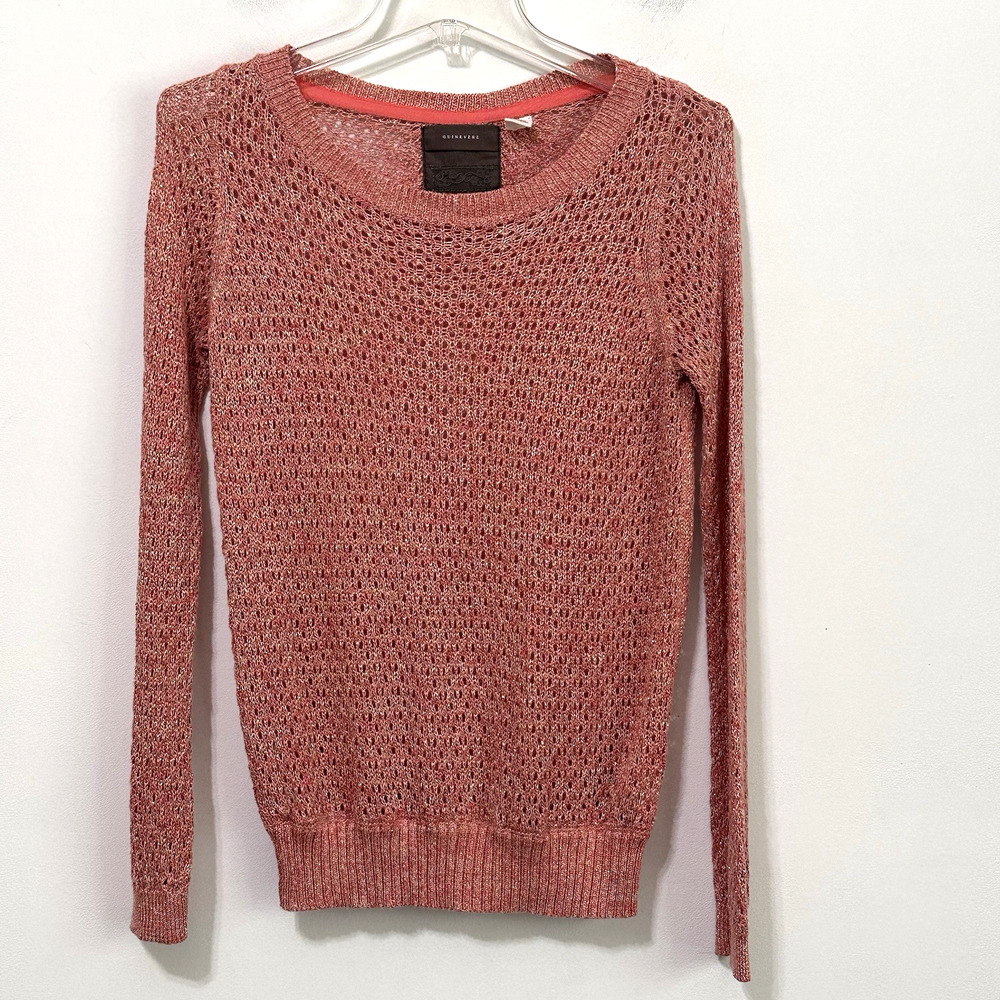 GUINEVERE Anthropologie Sweater S Pink Open Knit Gold Thread Lightweight Hemp